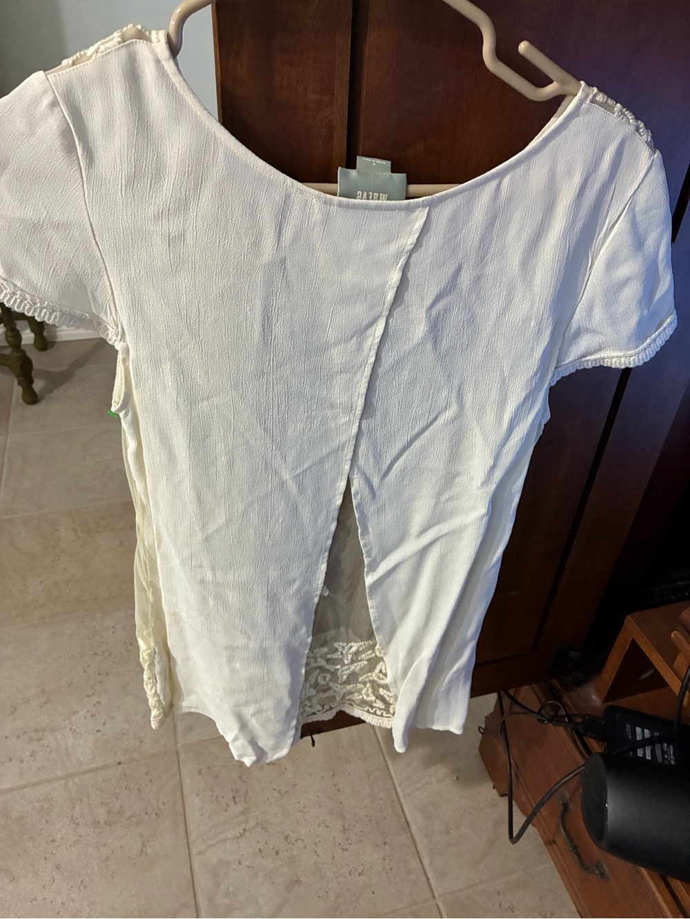 Maeve Cream Short-Sleeve Blouse with Split-Back and Lace Panel